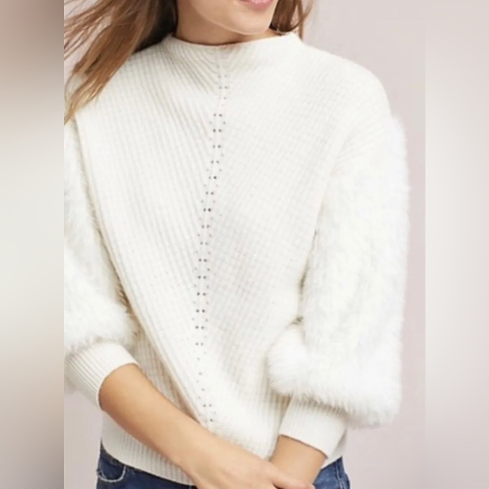 Anthropologie Knitted & Knotted Sweater Faux Fur Balloon Sleeves Size XS